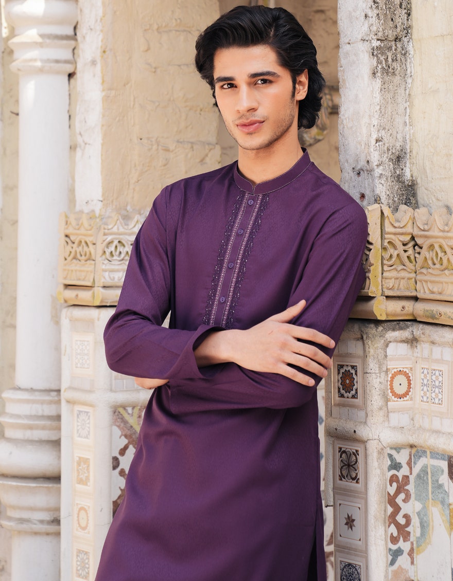 Dark Purple Embroidered Blended Kurta Pyjama