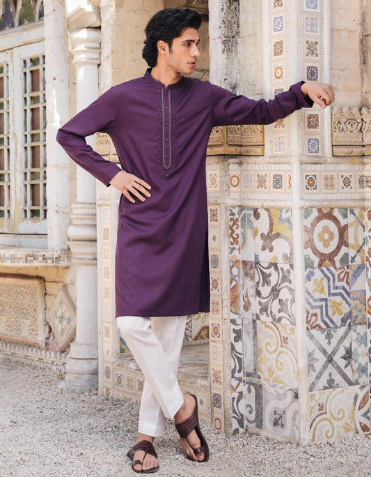 Dark Purple Embroidered Blended Kurta Pyjama