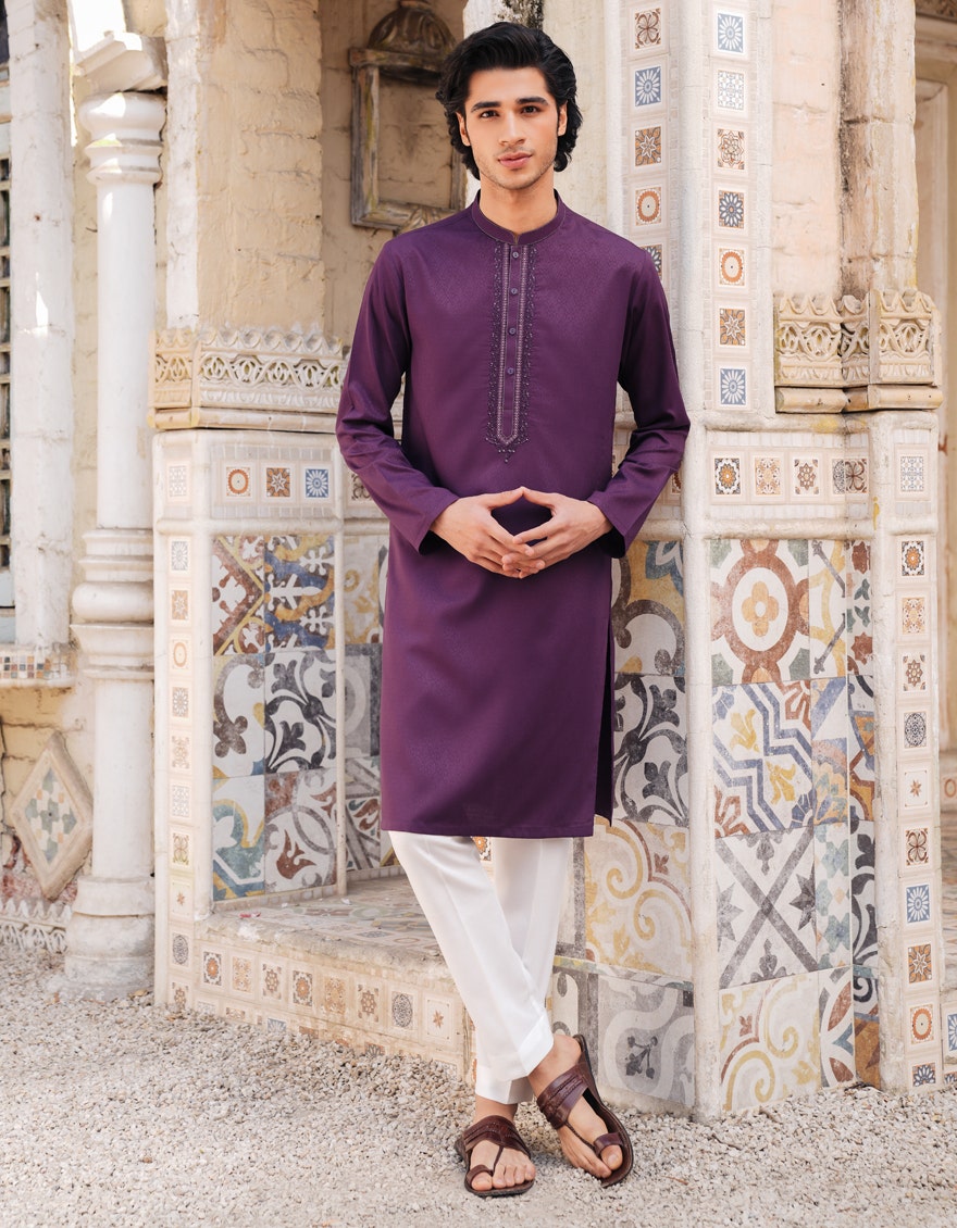 Dark Purple Embroidered Blended Kurta Pyjama