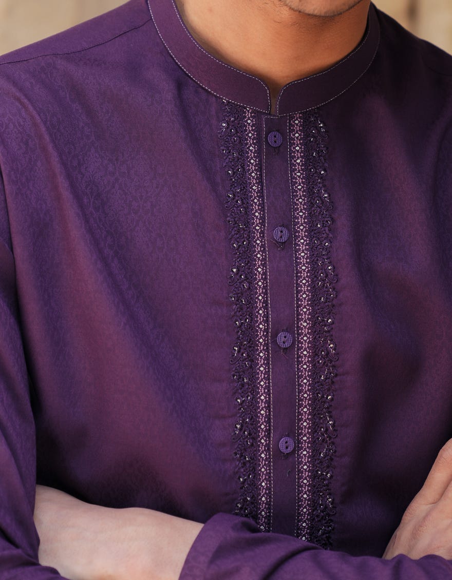 Dark Purple Embroidered Blended Kurta Pyjama