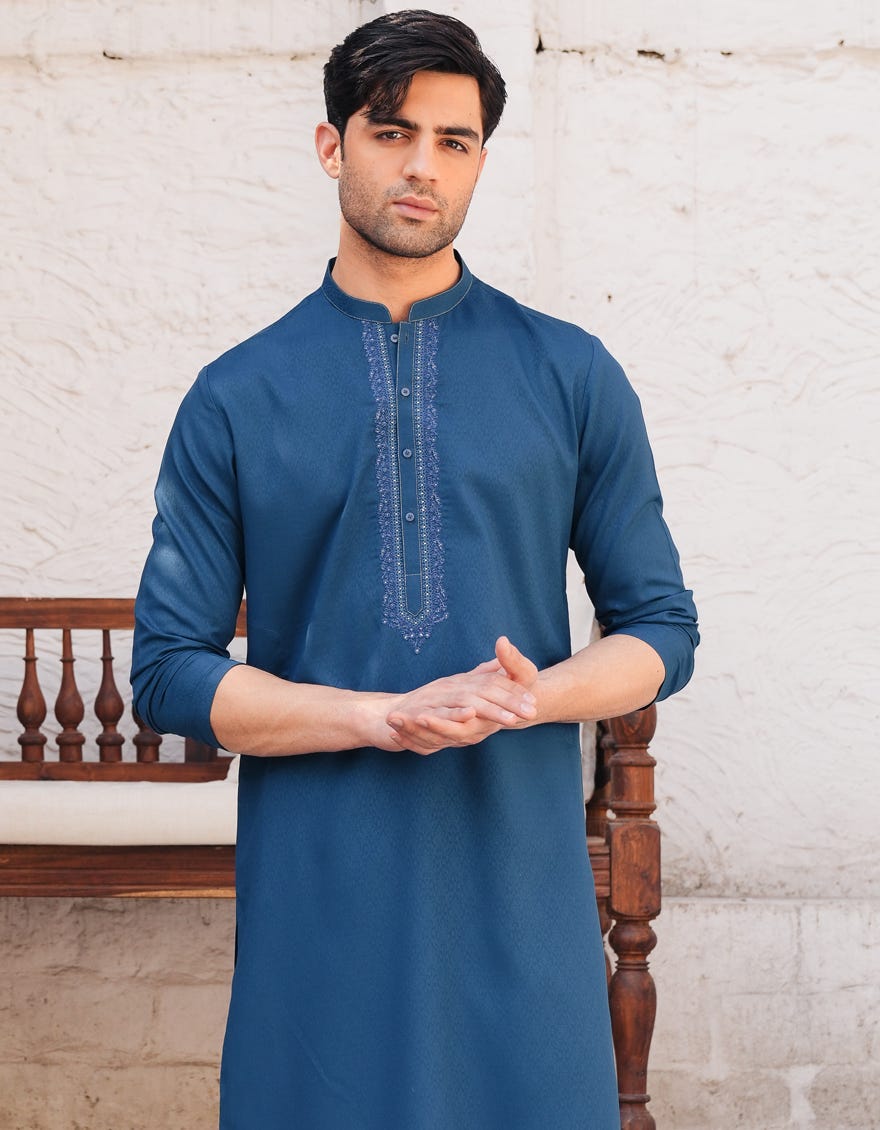 Peacock Blue Embroidered Blended Kurta Pyjama