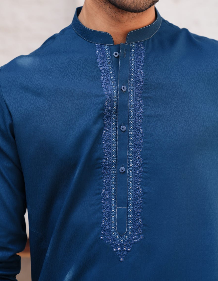 Peacock Blue Embroidered Blended Kurta Pyjama