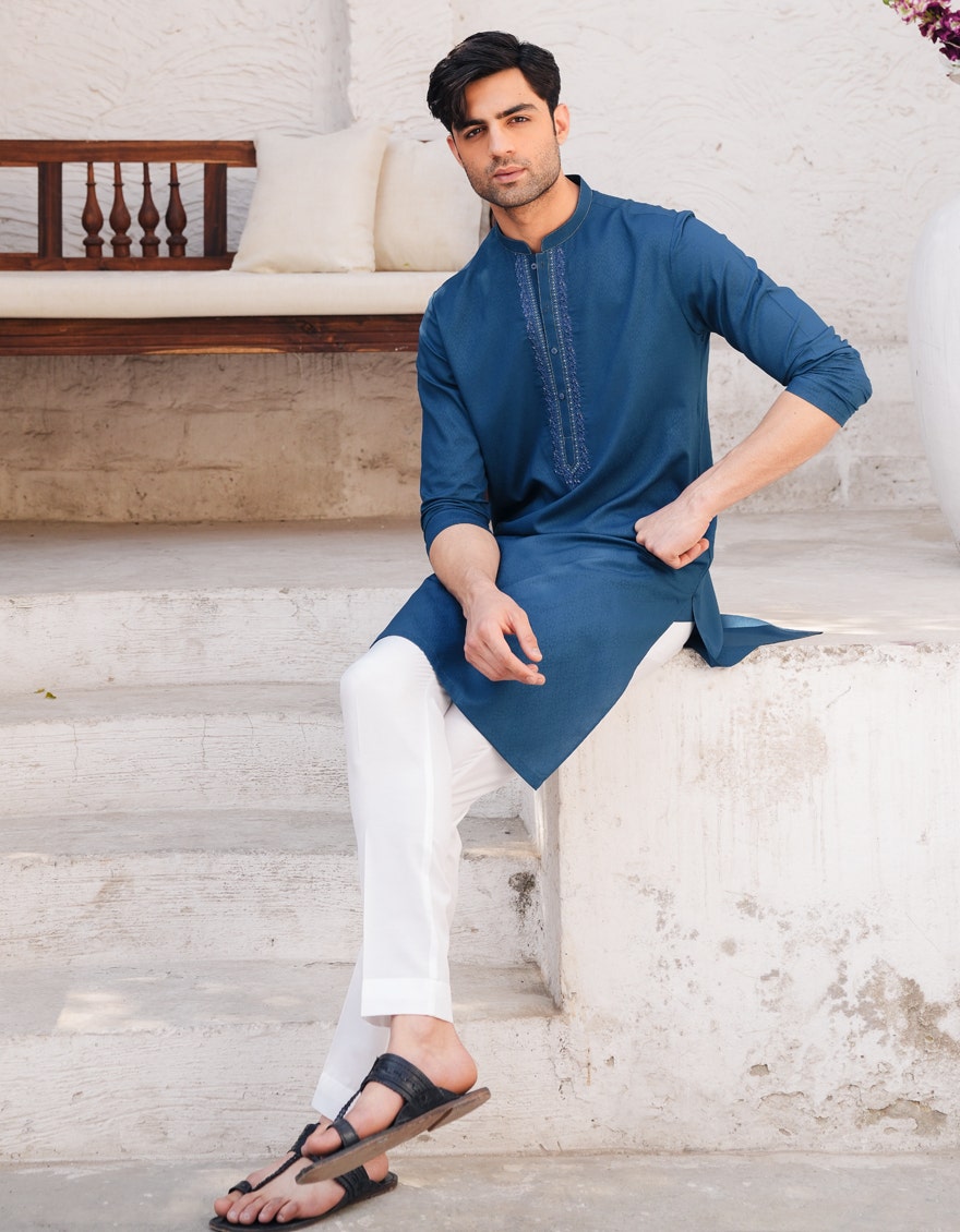 Peacock Blue Embroidered Blended Kurta Pyjama