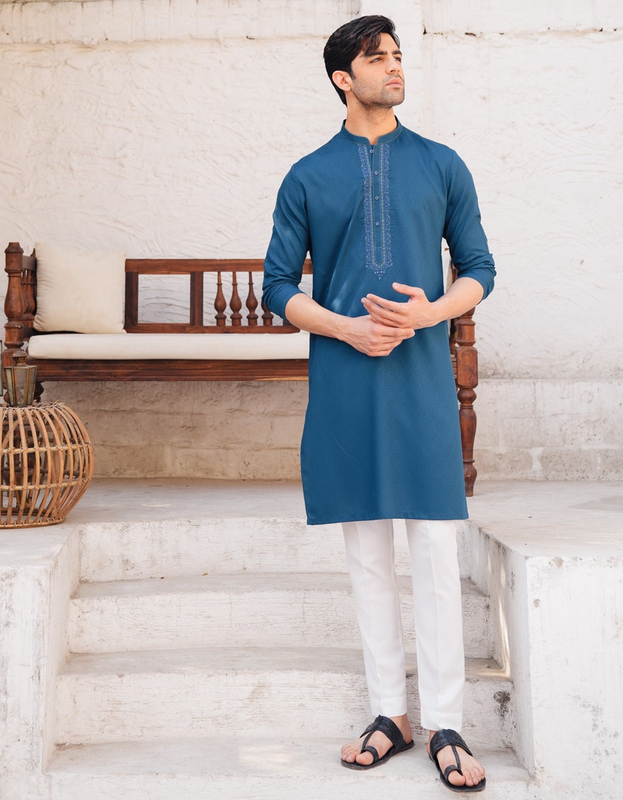Peacock Blue Embroidered Blended Kurta Pyjama
