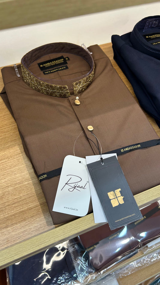 Wood Brown Embroidered Kameez Shalwar