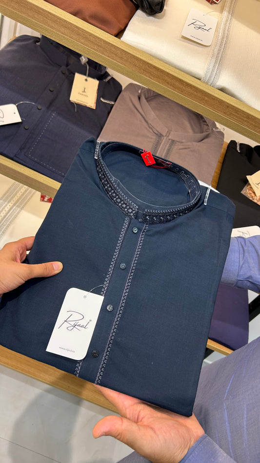Blue Embroidered Cotton Kurta Pyjama