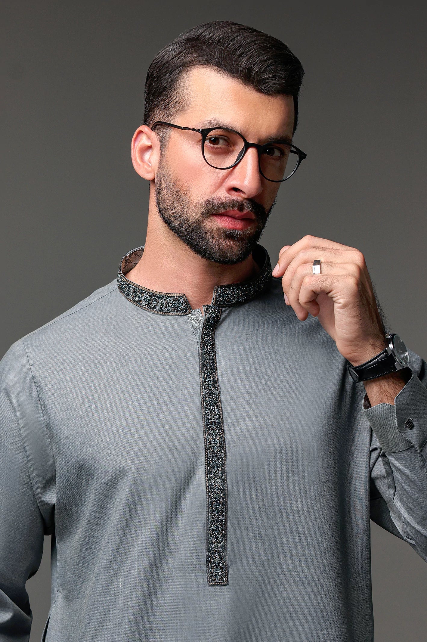 Dark Grey Hand Embroidered Luxury Kameez Shalwar