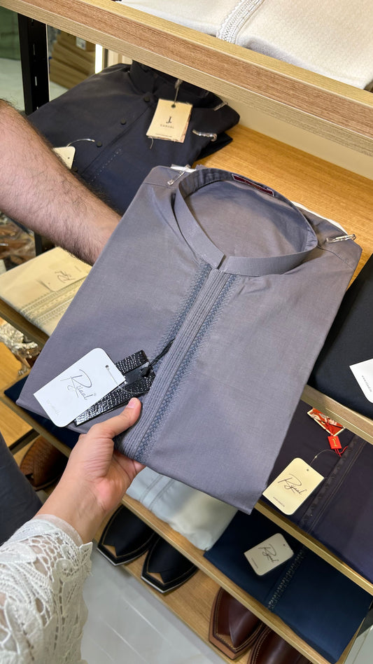Grey Embroidered Cotton Kurta Pyjama