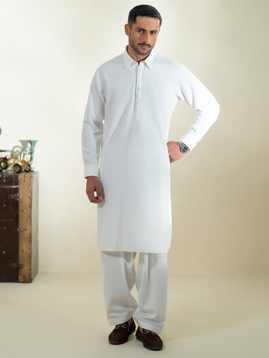 Wasim Akram Off White Blended Kameez Shalwar