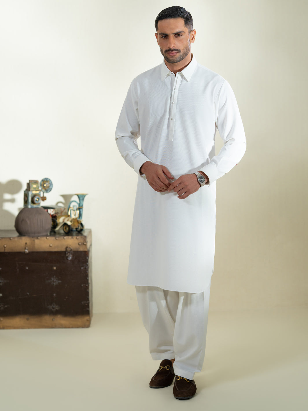 Wasim Akram Off White Blended Kameez Shalwar