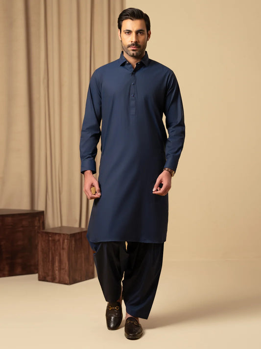 Wasim Akram Dark Blue Luxury Cotton Kameez Shalwar