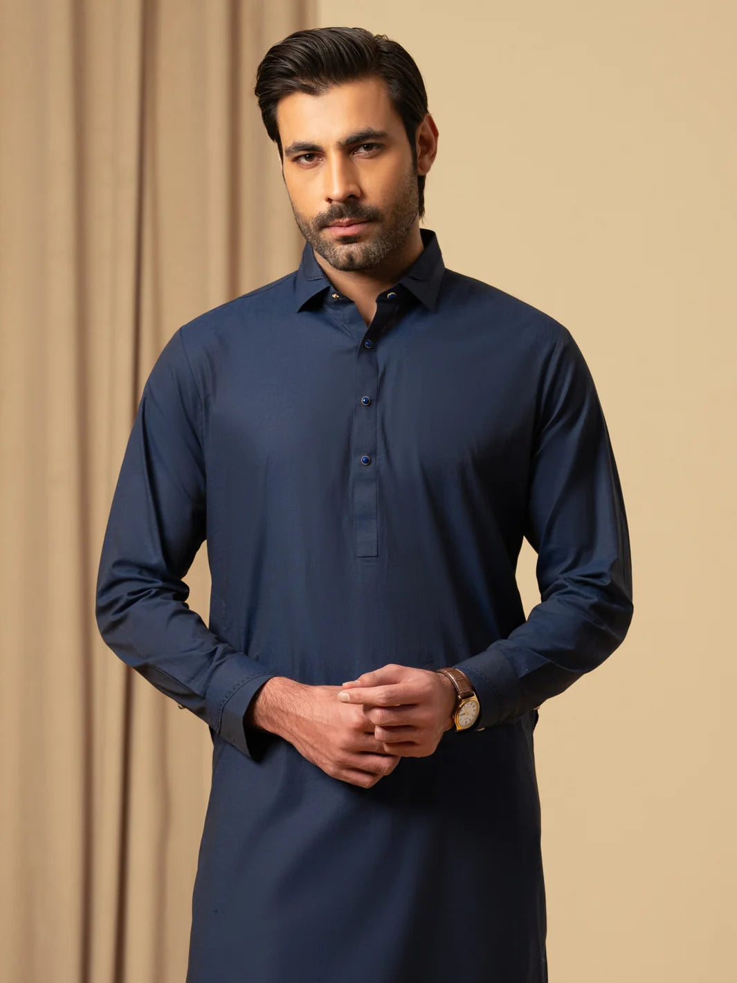 Wasim Akram Dark Blue Luxury Cotton Kameez Shalwar