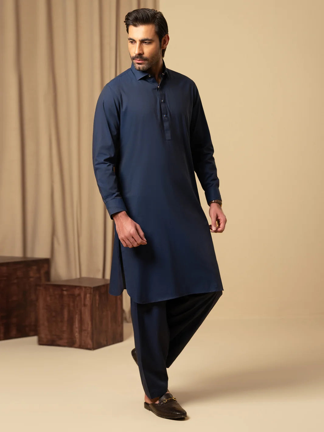 Wasim Akram Dark Blue Luxury Cotton Kameez Shalwar