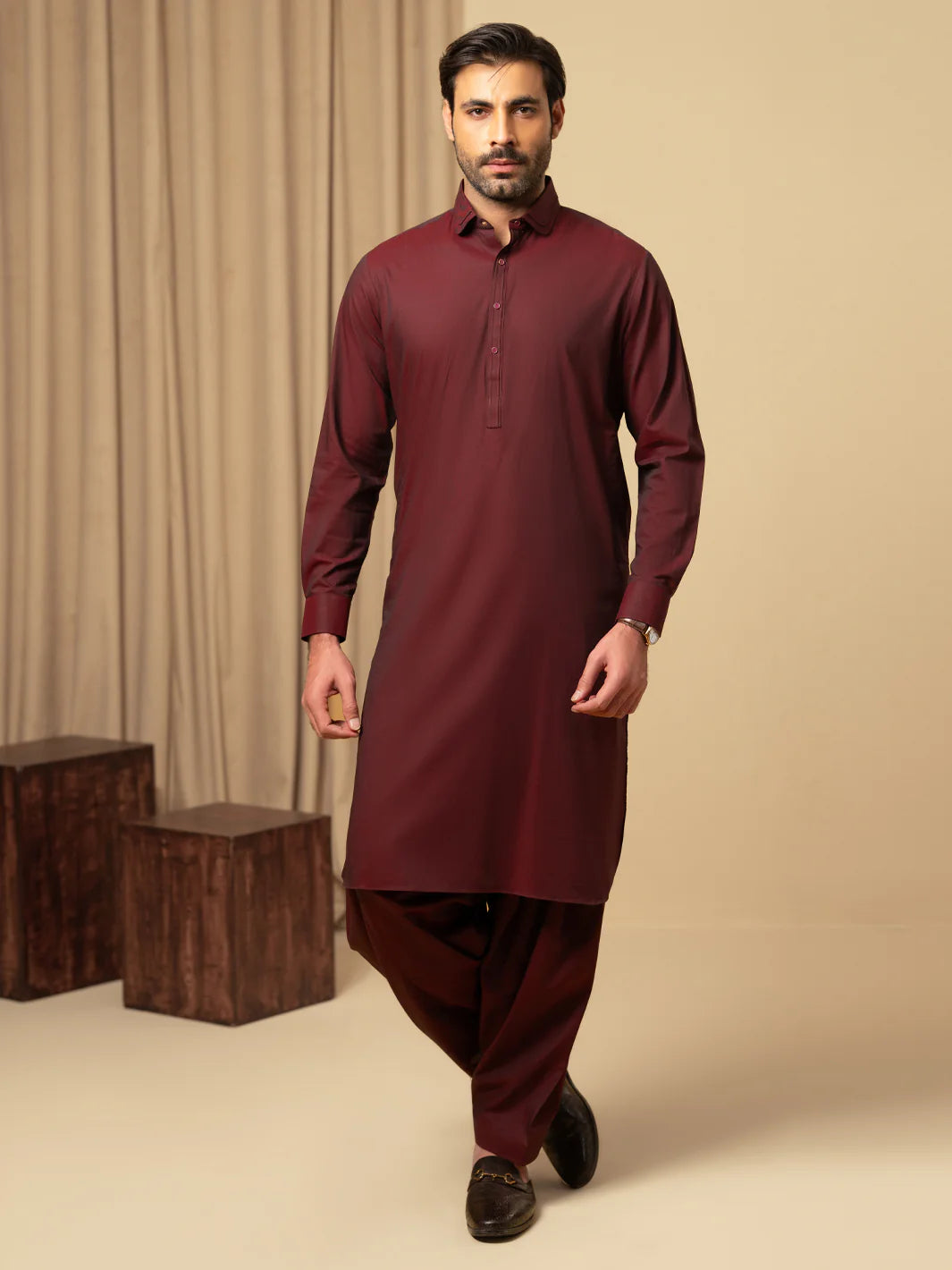Wasim Akram Maroon Luxury Fine Cotton Kameez Shalwar