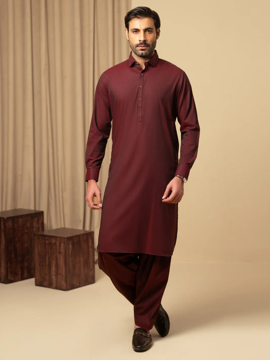 Wasim Akram Maroon Luxury Fine Cotton Kameez Shalwar