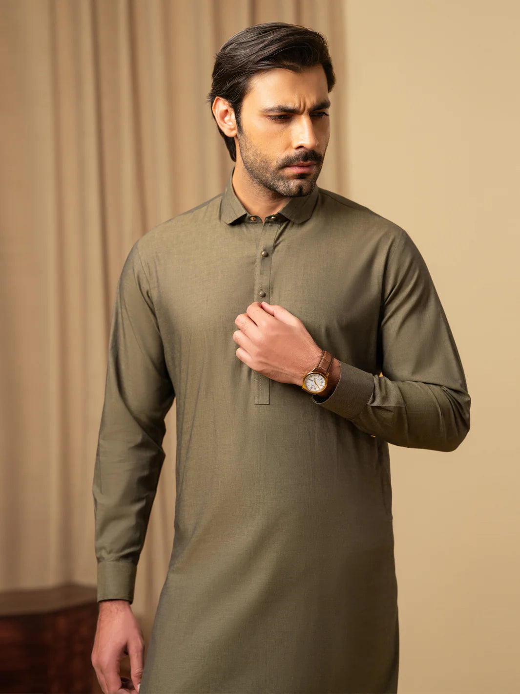 Wasim Akram Olive Green Luxury Fine Cotton Kameez Shalwar
