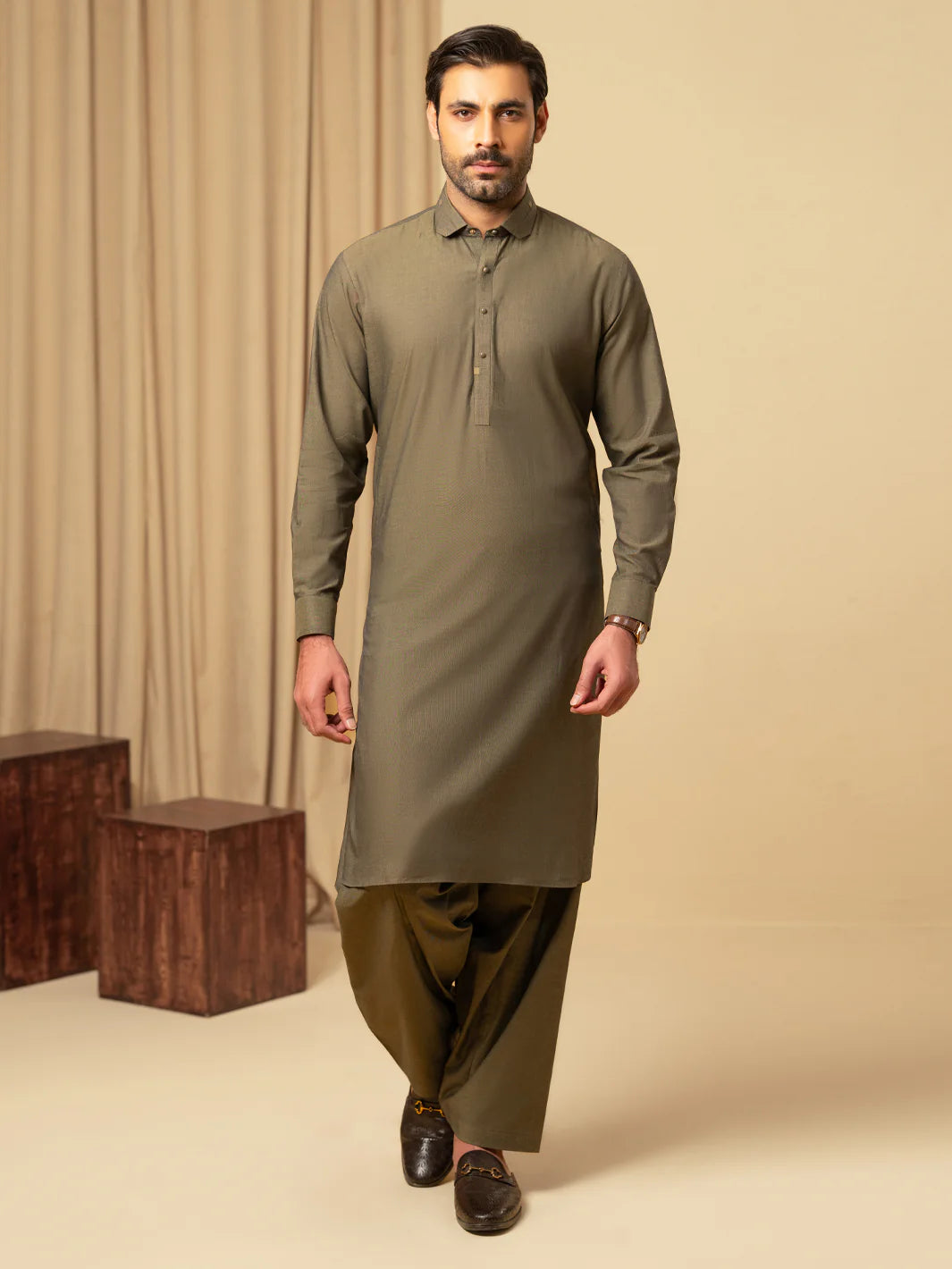 Wasim Akram Olive Green Luxury Fine Cotton Kameez Shalwar