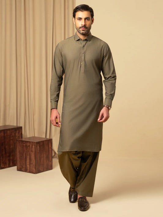 Wasim Akram Olive Green Luxury Fine Cotton Kameez Shalwar