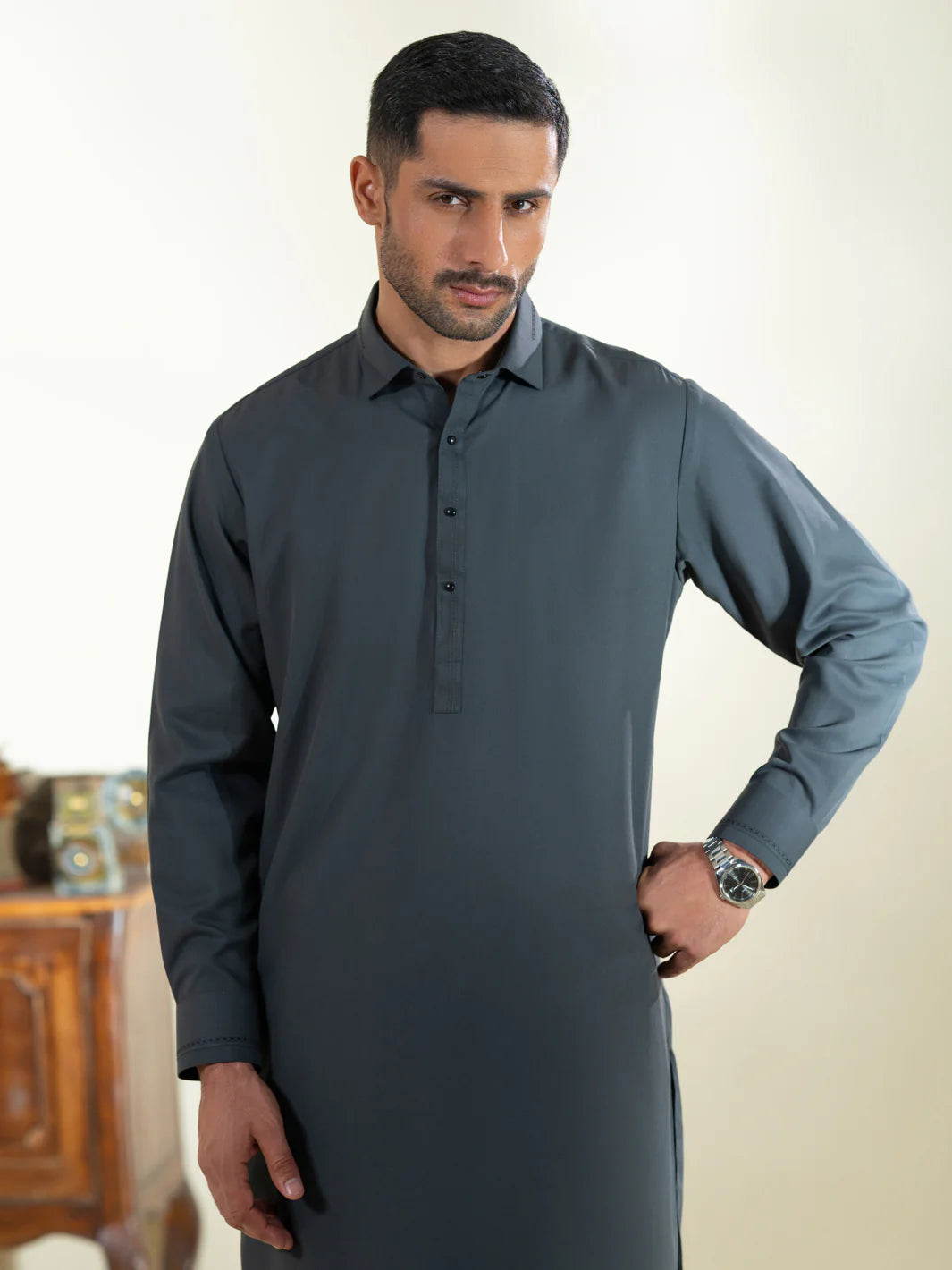 Wasim Akram Grey Blended Kameez Shalwar