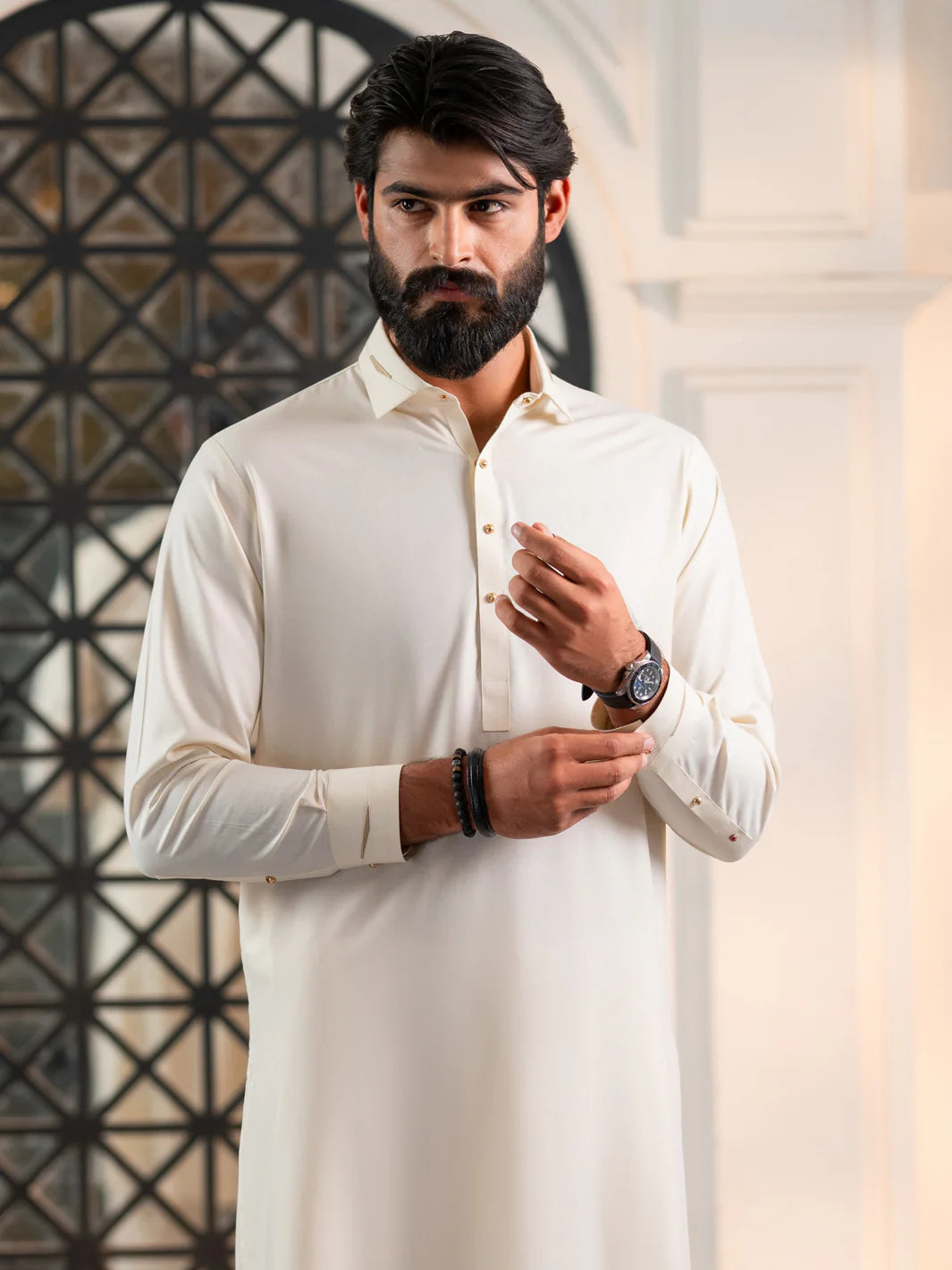 Wasim Akram Off White Limited Edition Blended Kameez Shalwar