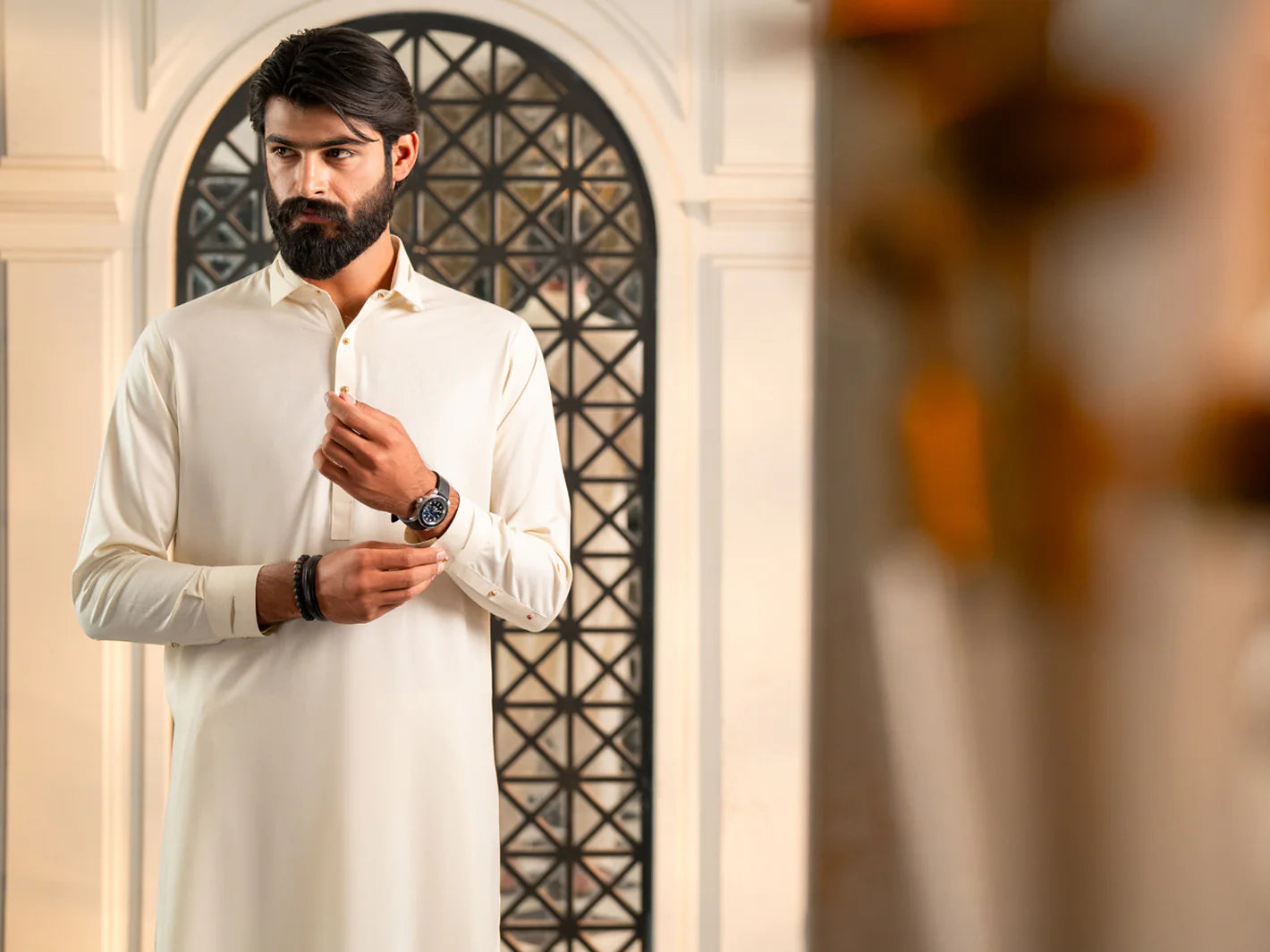 Wasim Akram Off White Limited Edition Blended Kameez Shalwar