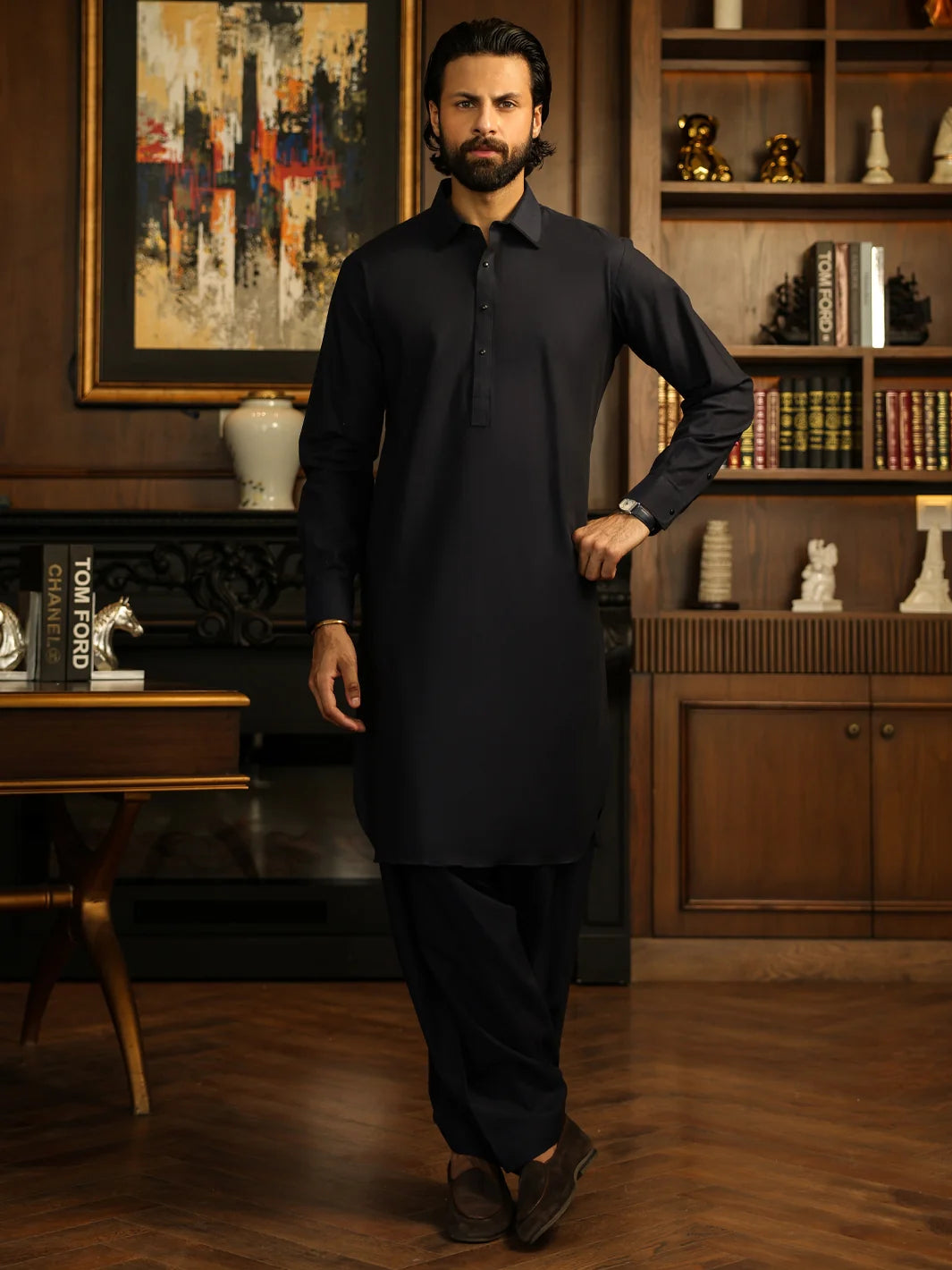 Wasim Akram Navy Limited Edition Blended Kameez Shalwar
