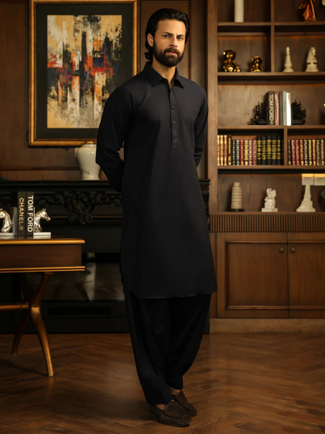 Wasim Akram Navy Limited Edition Blended Kameez Shalwar