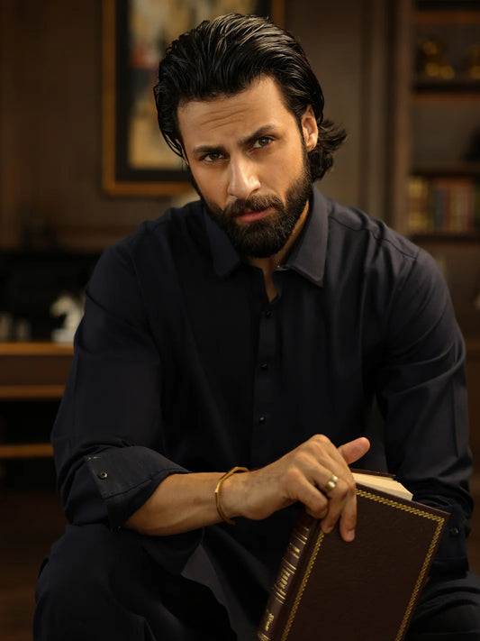 Wasim Akram Navy Limited Edition Blended Kameez Shalwar