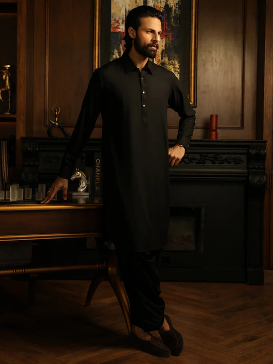 Wasim Akram Black Limited Edition Blended Kameez Shalwar