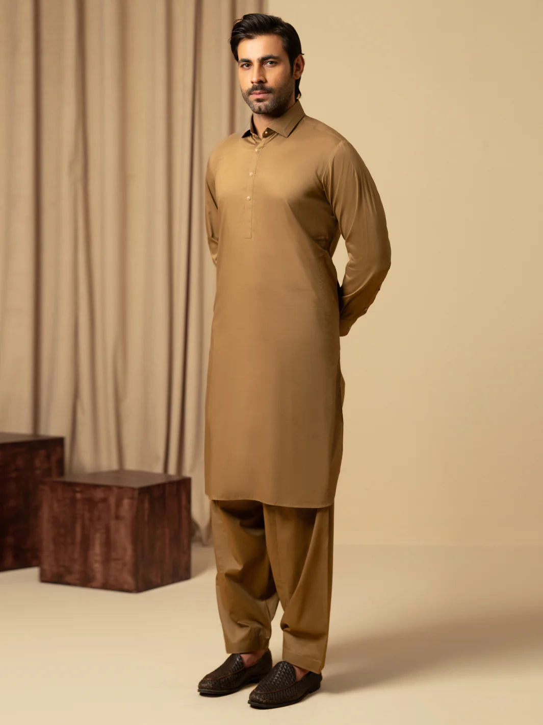 Wasim Akram Light Brown Luxury Fine Cotton Kameez Shalwar