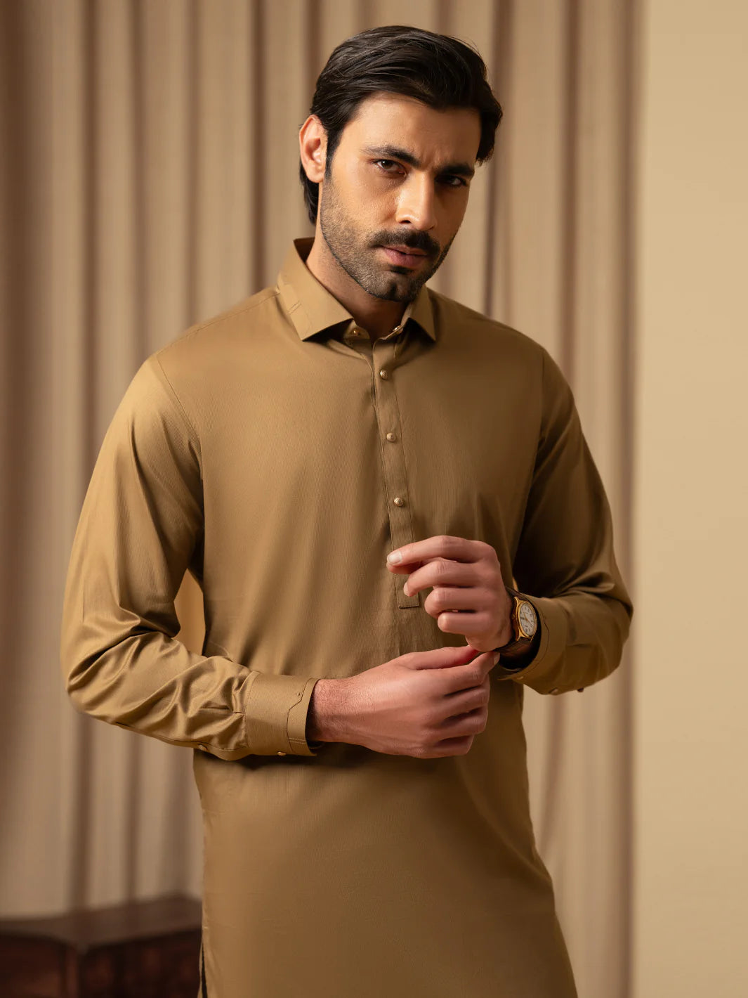 Wasim Akram Light Brown Luxury Fine Cotton Kameez Shalwar
