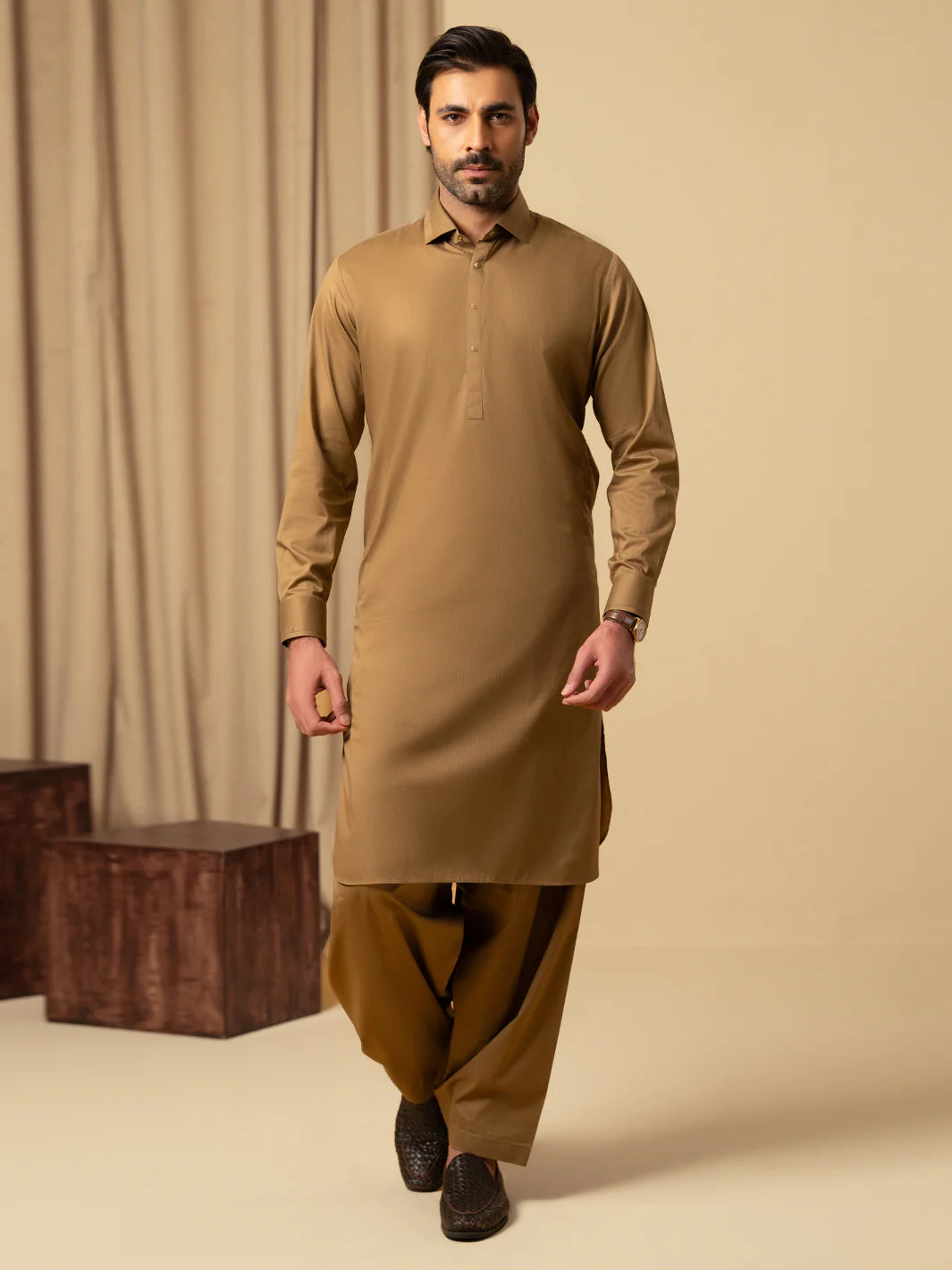 Wasim Akram Light Brown Luxury Fine Cotton Kameez Shalwar