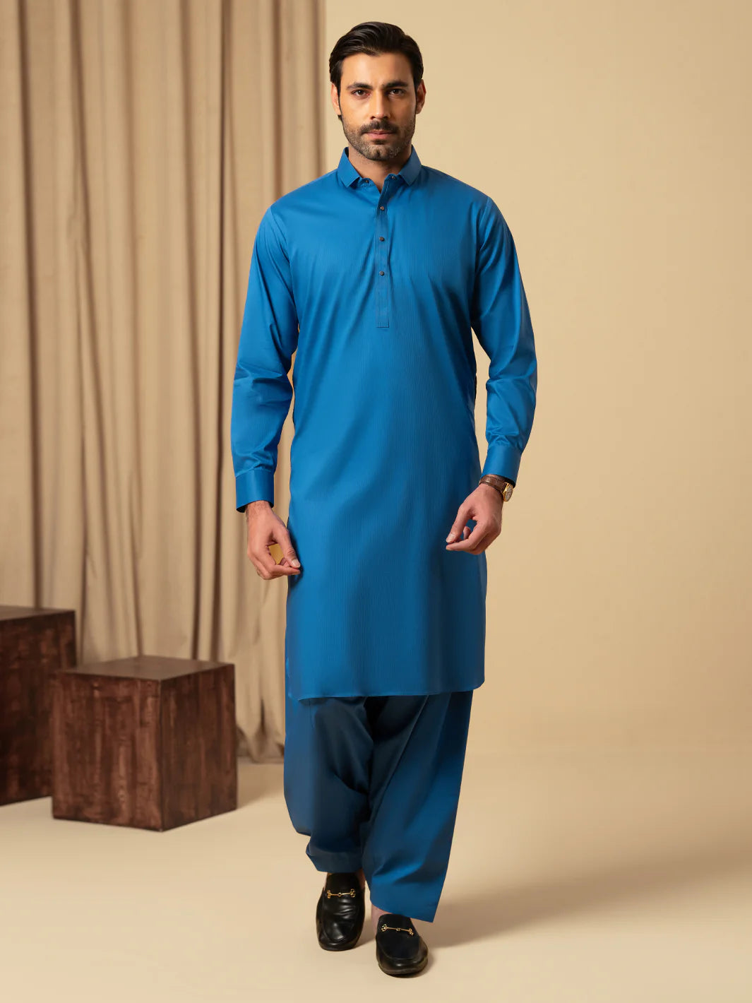 Wasim Akram Blue Luxury Fine Cotton Kameez Shalwar