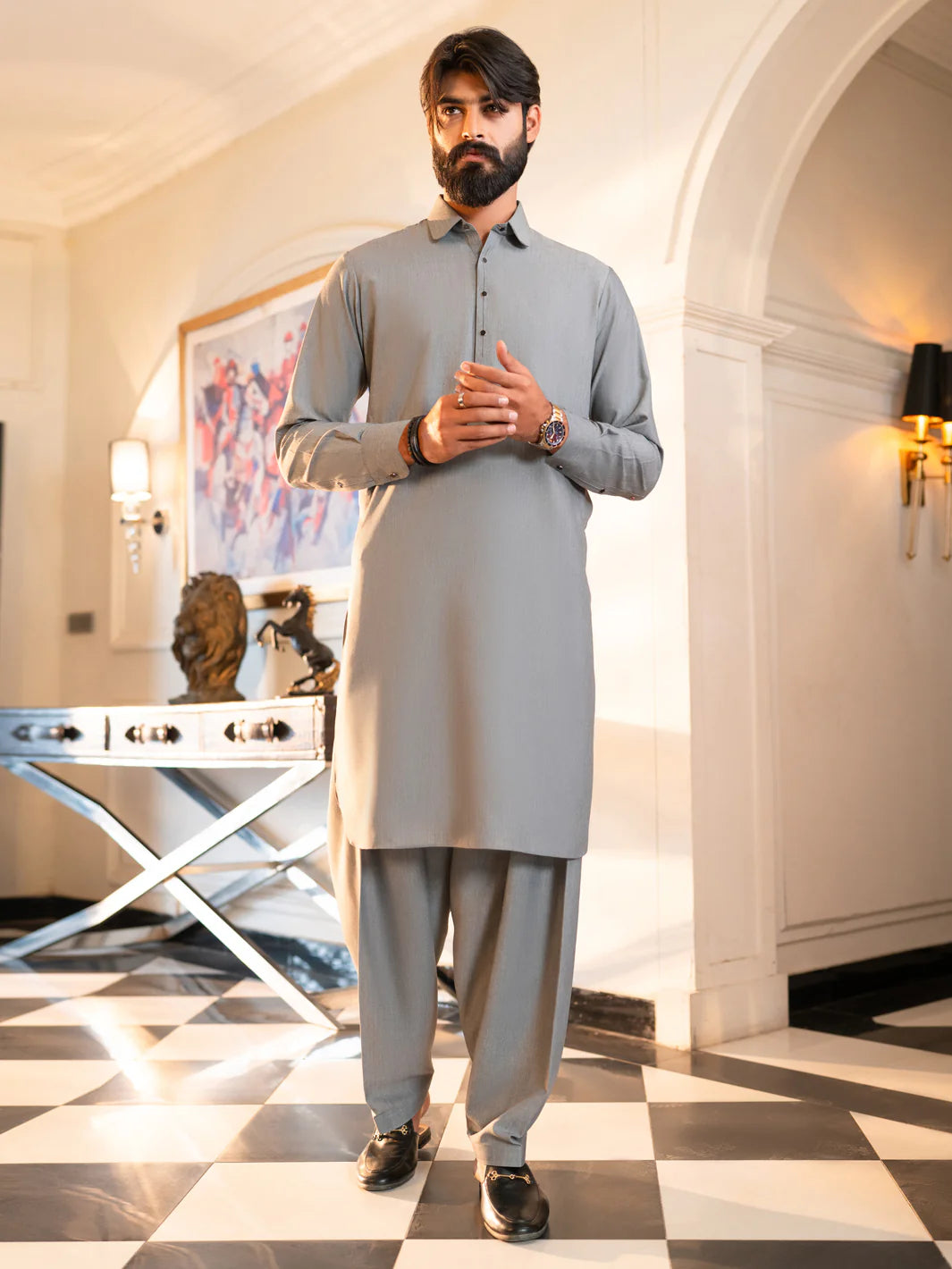 Wasim Akram Light Grey Blended Kameez Shalwar