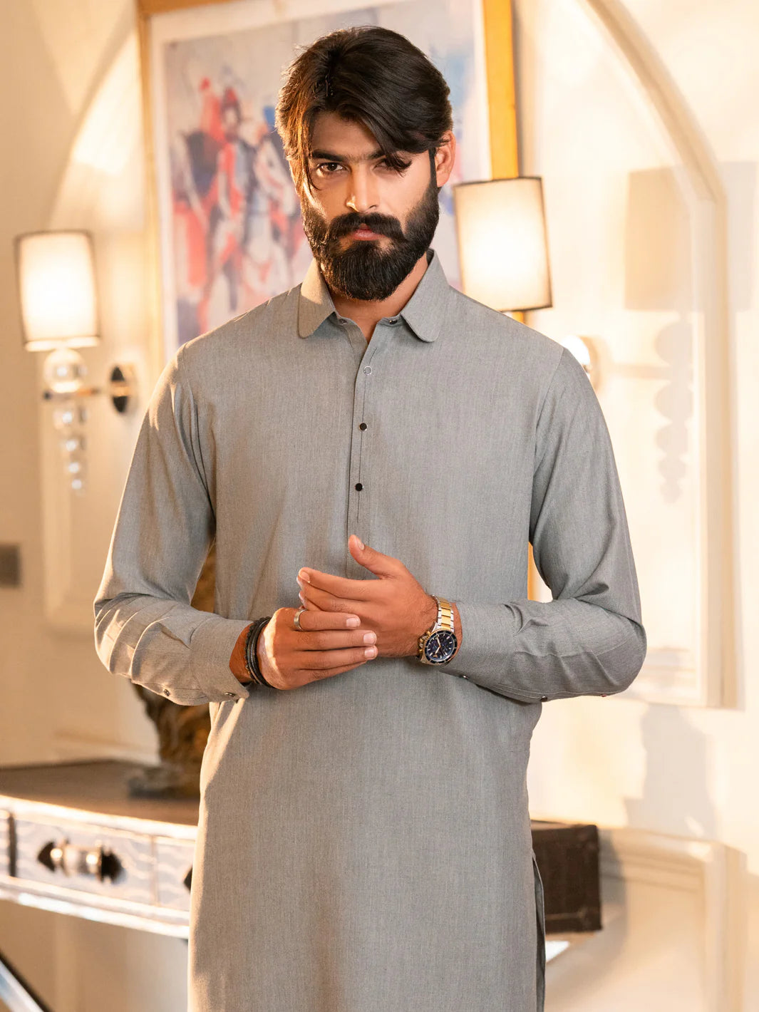 Wasim Akram Light Grey Blended Kameez Shalwar