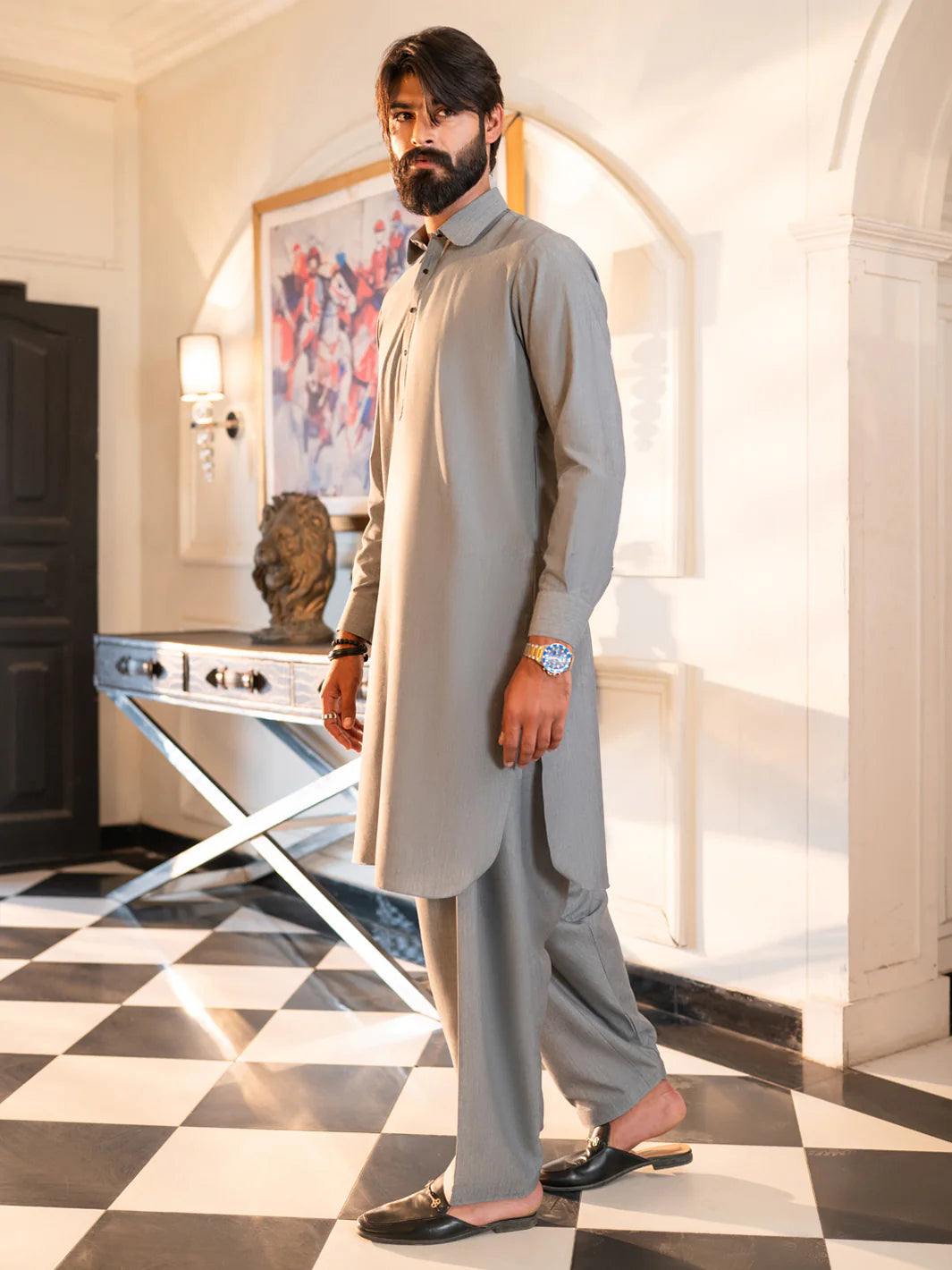 Wasim Akram Light Grey Blended Kameez Shalwar
