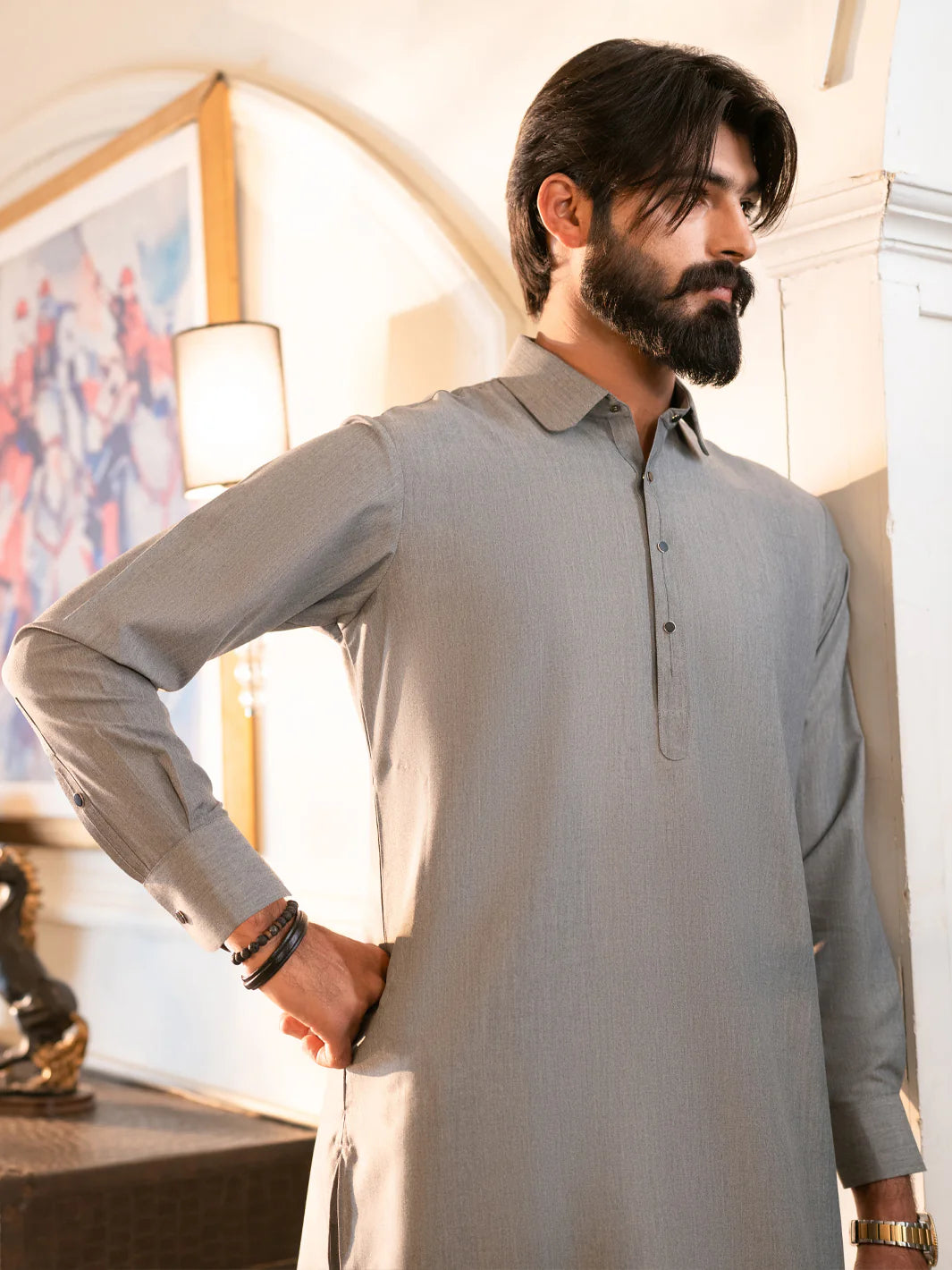 Wasim Akram Light Grey Blended Kameez Shalwar