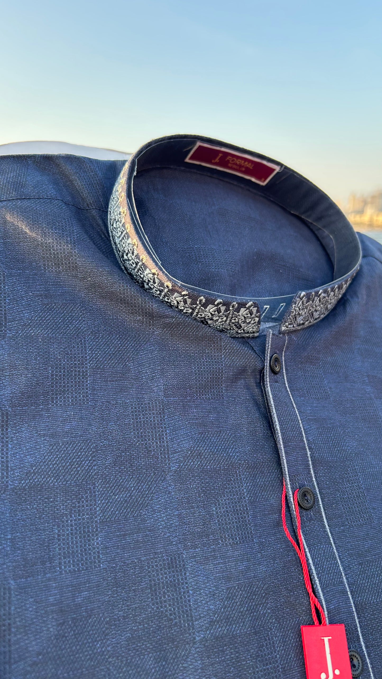 Navy Blue Embroidered Cotton Kurta
