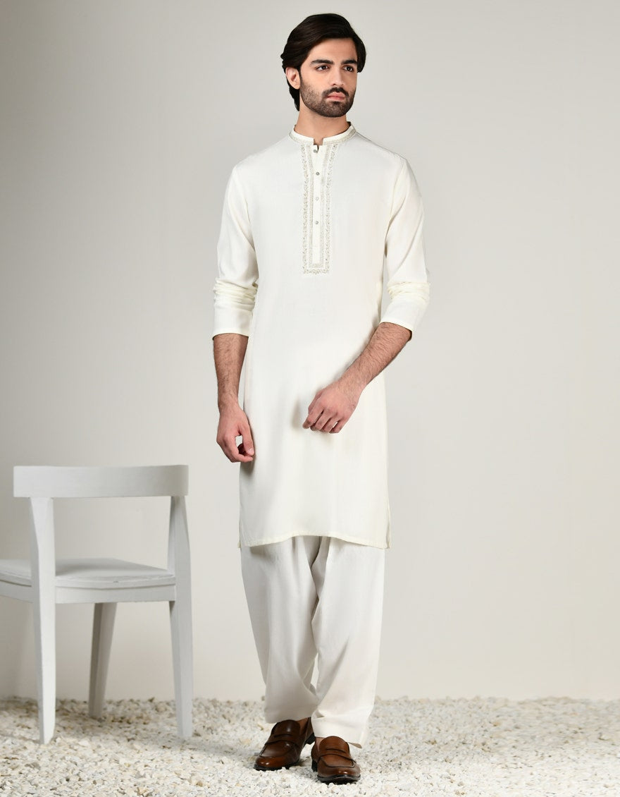 Off White Embroidered Kameez Shalwar