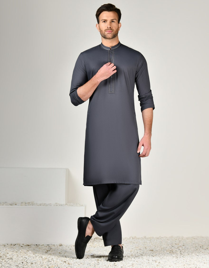 Grey Embroidered Kameez Shalwar