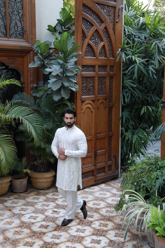 White & Gold Shahkaar Kurta Pyjama