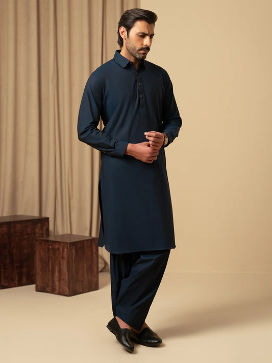 Wasim Akram Dark Blue Luxury Fine Cotton Kameez Shalwar