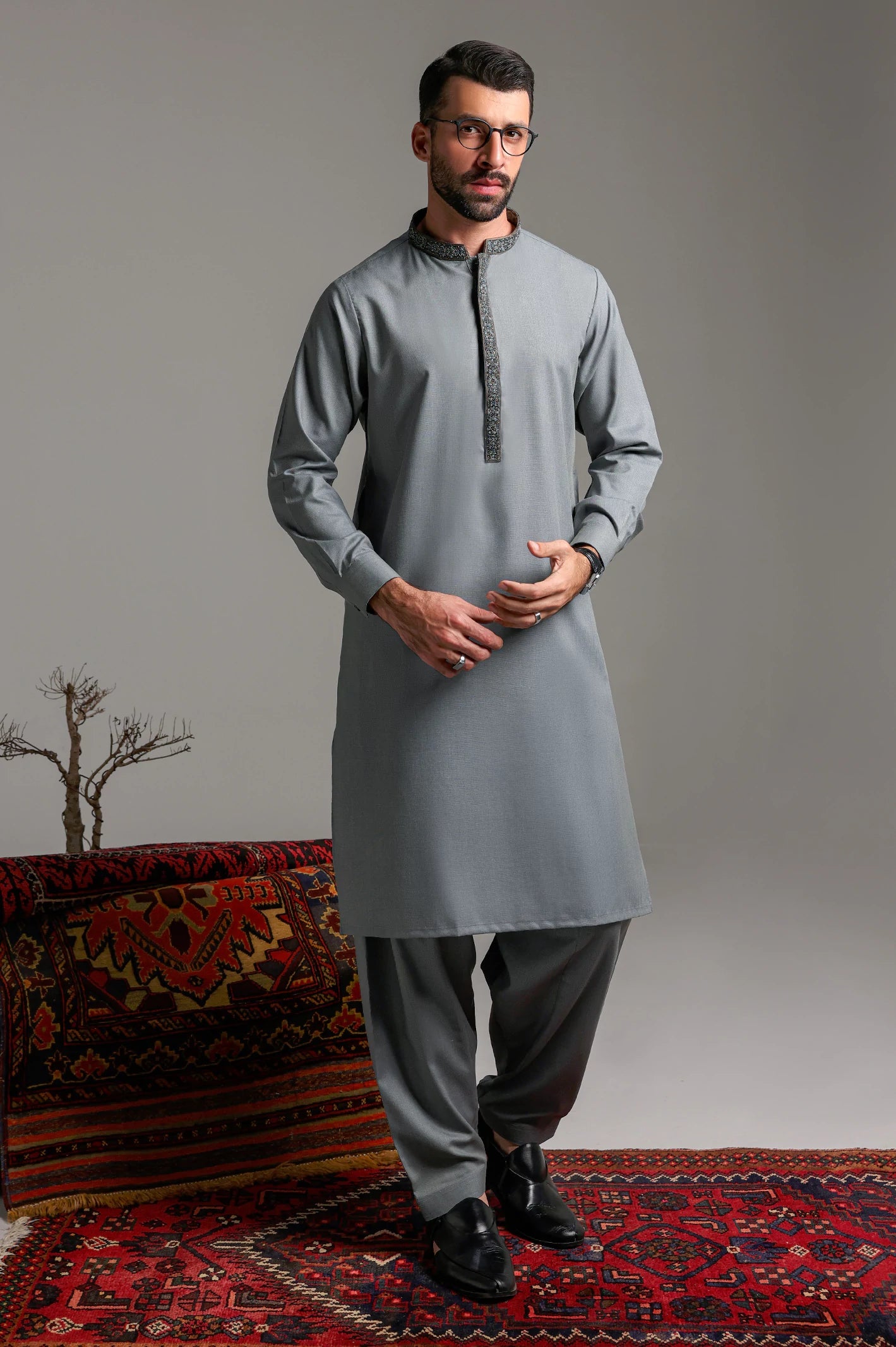 Dark Grey Hand Embroidered Luxury Kameez Shalwar