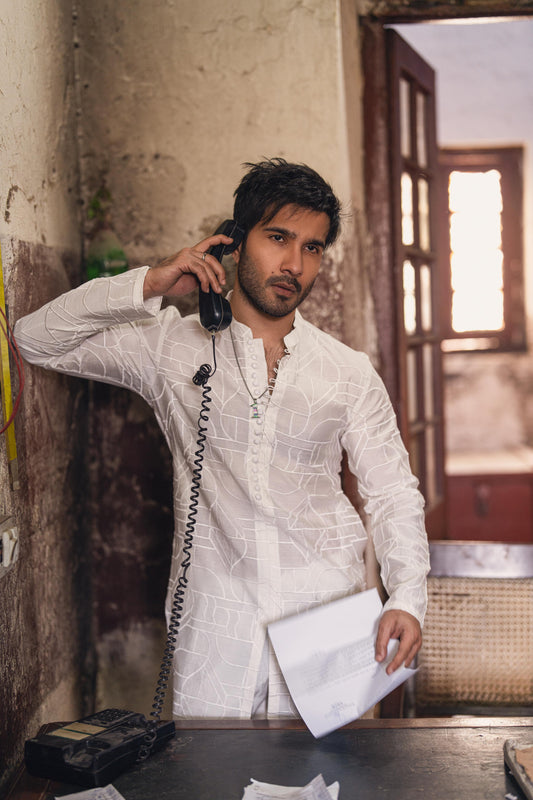 White Damask Kurta Pyjama