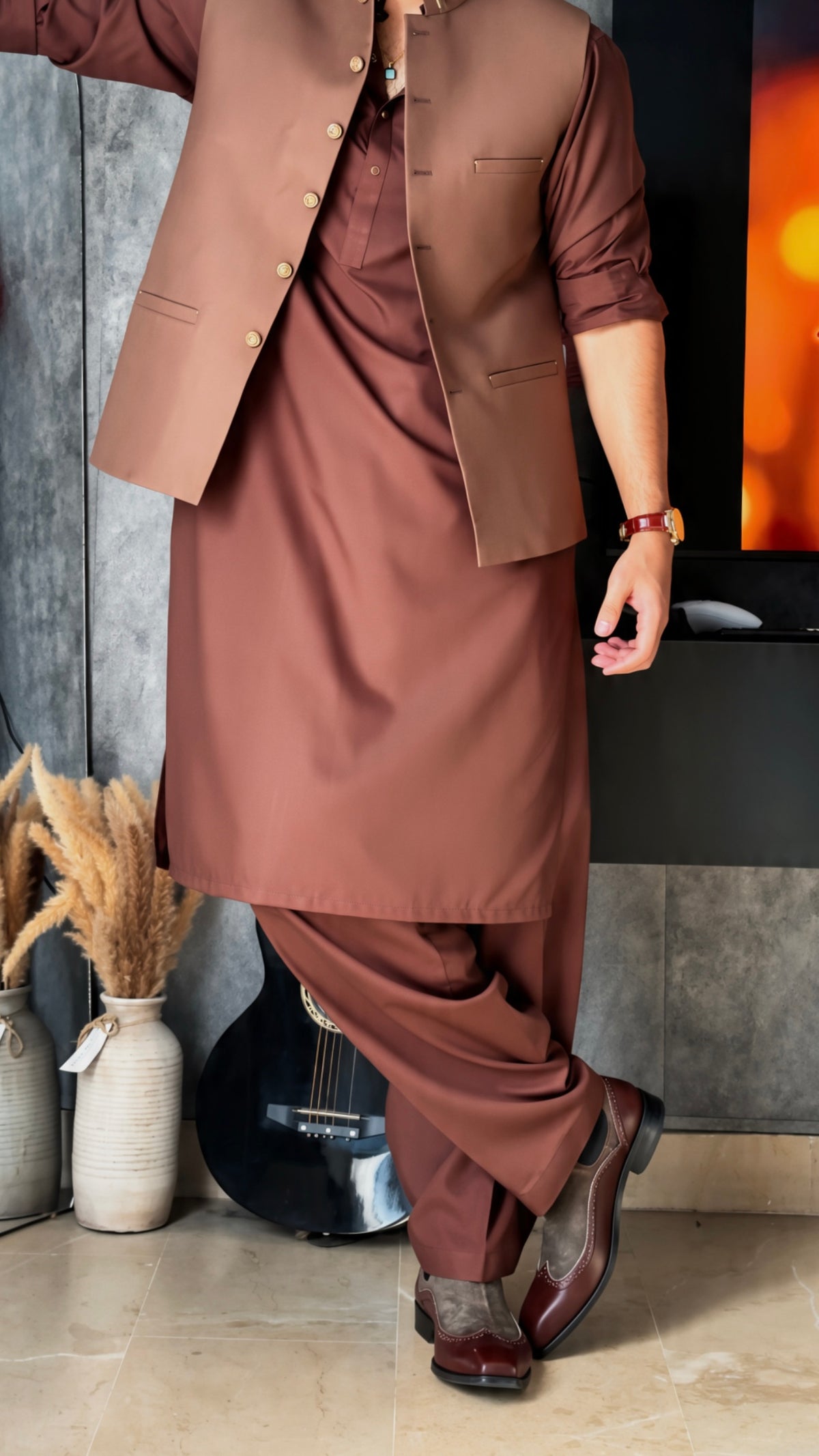 Sahib Signature Brown Waistcoat & Kameez Shalwar Set
