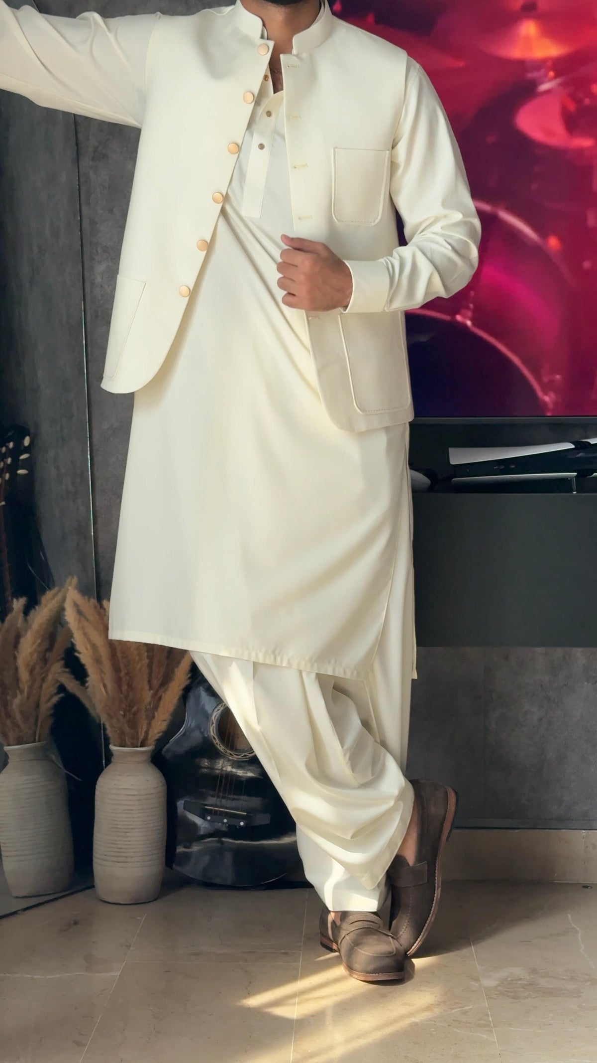 Sahib Signature Cream Waistcoat & Kameez Shalwar Set