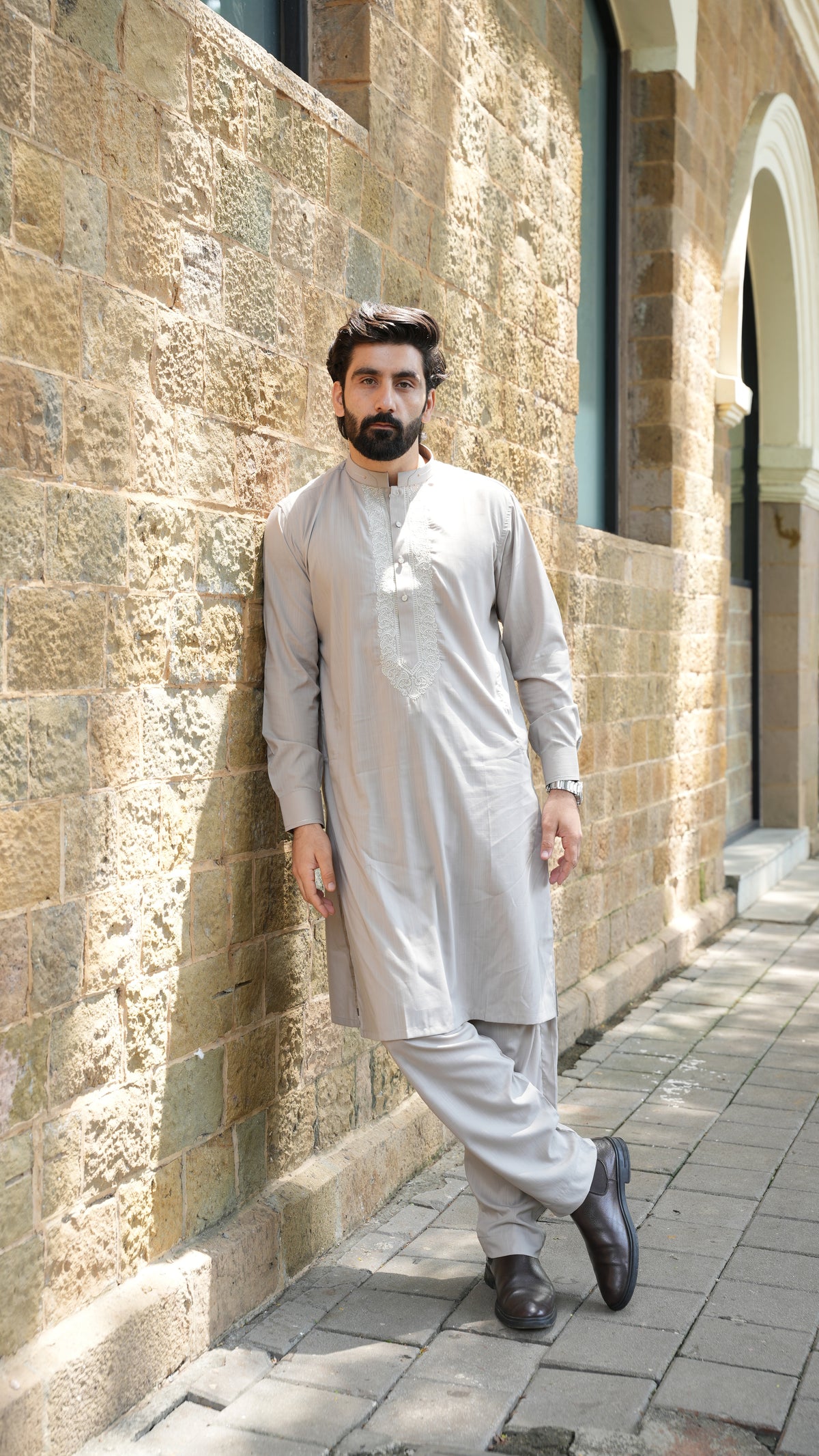 Pearl Grey Luxury Embroidered Kurta Trouser