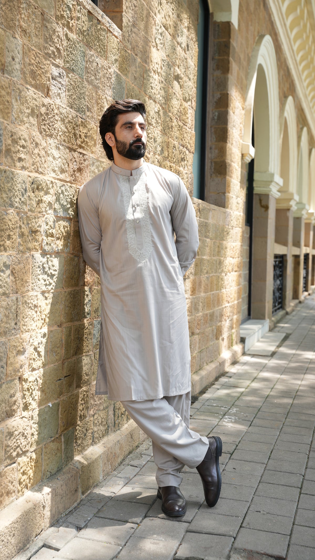 Pearl Grey Luxury Embroidered Kurta Trouser