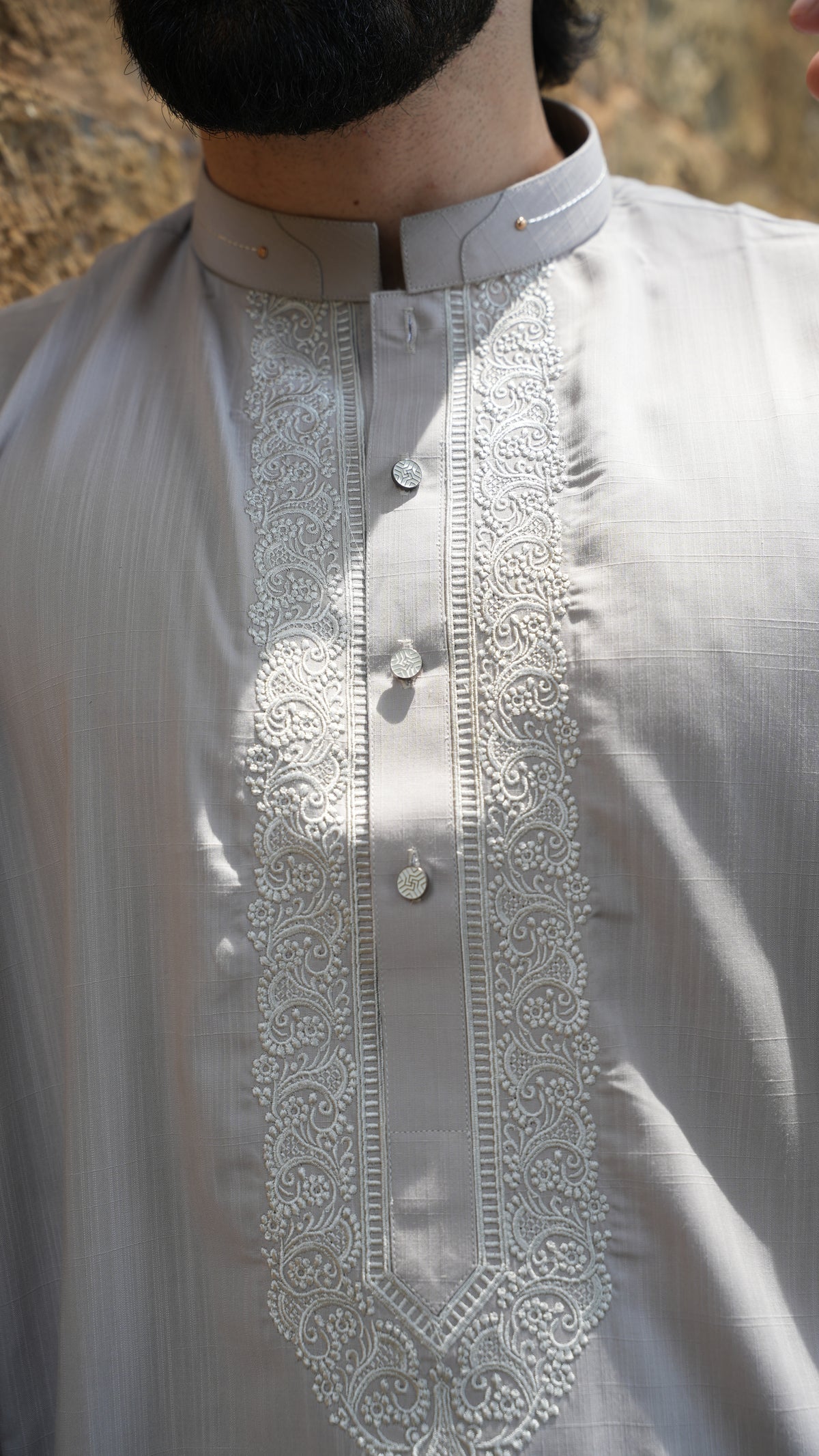 Pearl Grey Luxury Embroidered Kurta Trouser