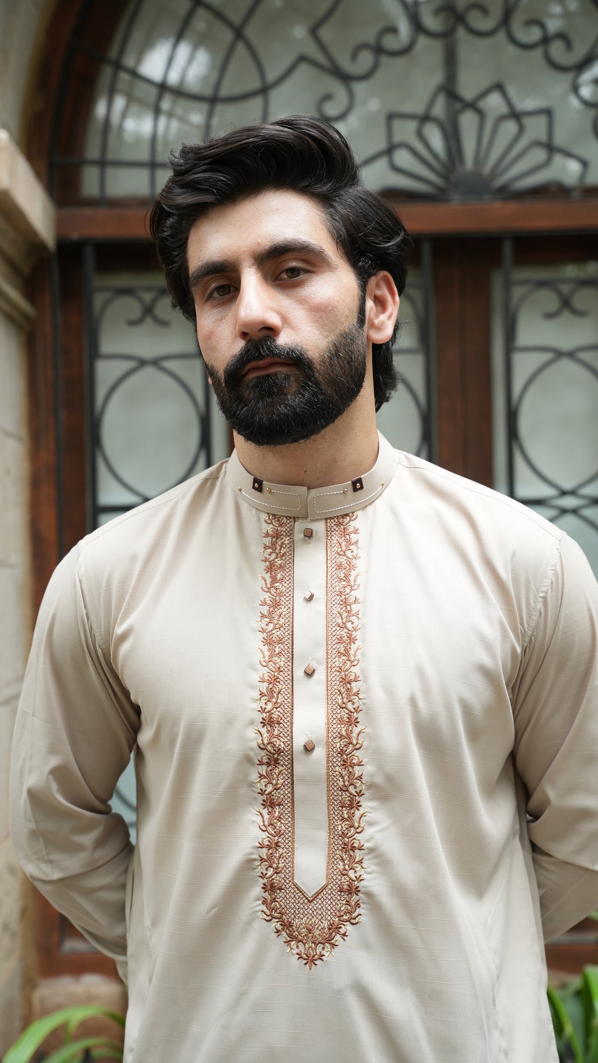 Beige Luxury Embroidered Kurta Trouser